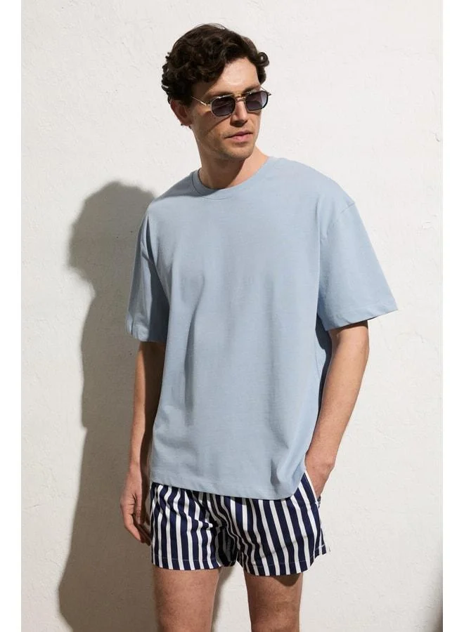 Grimelange DUNNO Men's 100% Organic Cotton Round Collar Regular Fit Blue T-Shirt.