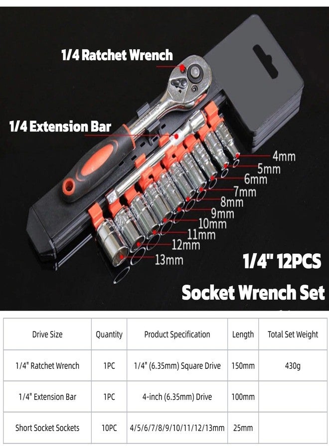DOUSHI 1/4 inch Heavy Duty Socket Set | 12 Piece Hand Tool Set | Sturdy Galvanized Steel | Ergonomic Soft Grip Handle | Suitable for Home, Automotive and Motorcycle Repair Use (1/4 Inch) - Image 2