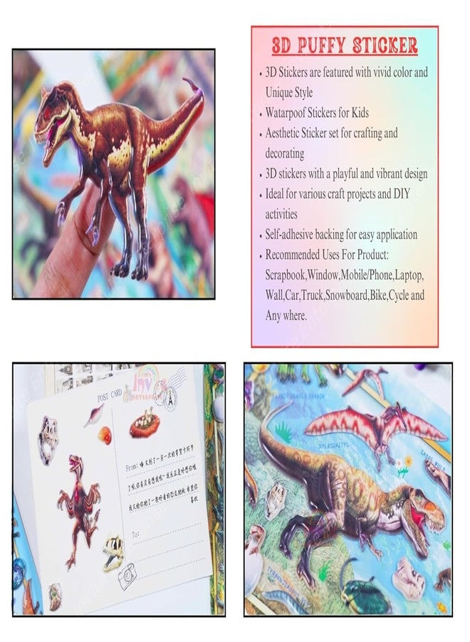 Funspark Cute Little Puffy Dinosaur 4 Sheet 3D Sticker Set – Realistic Dino Self-Adhesive Waterproof Stickers for Kids Scrapbook, Diary, Laptop, School Crafts & DIY Decoration - Image 5