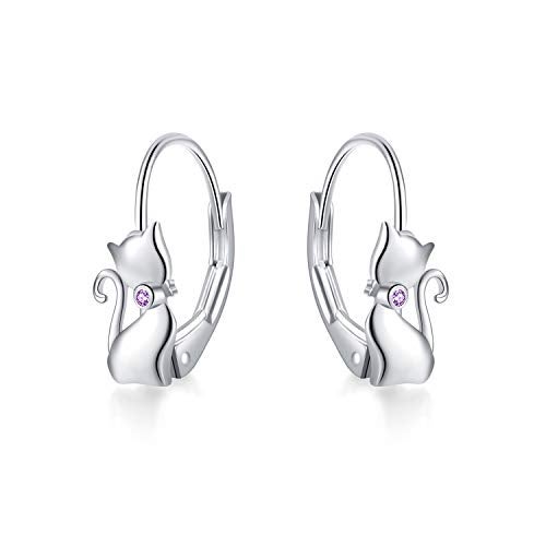 LUHE Cat Earrings Sterling Silver Cute Cat Earrings Small Animal Cats Leverback Dangle Hoop Earrings Dangles Jewelry Christmas Gifts for women cat Lovers - Image 1