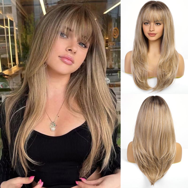 EMMOR Blonde Wig With Bangs For Women Long Straight Wigs Synthetic Layered Hairstyle For Girls Party Cosplay And Daily Use(26" Ash Blonde) - Image 1