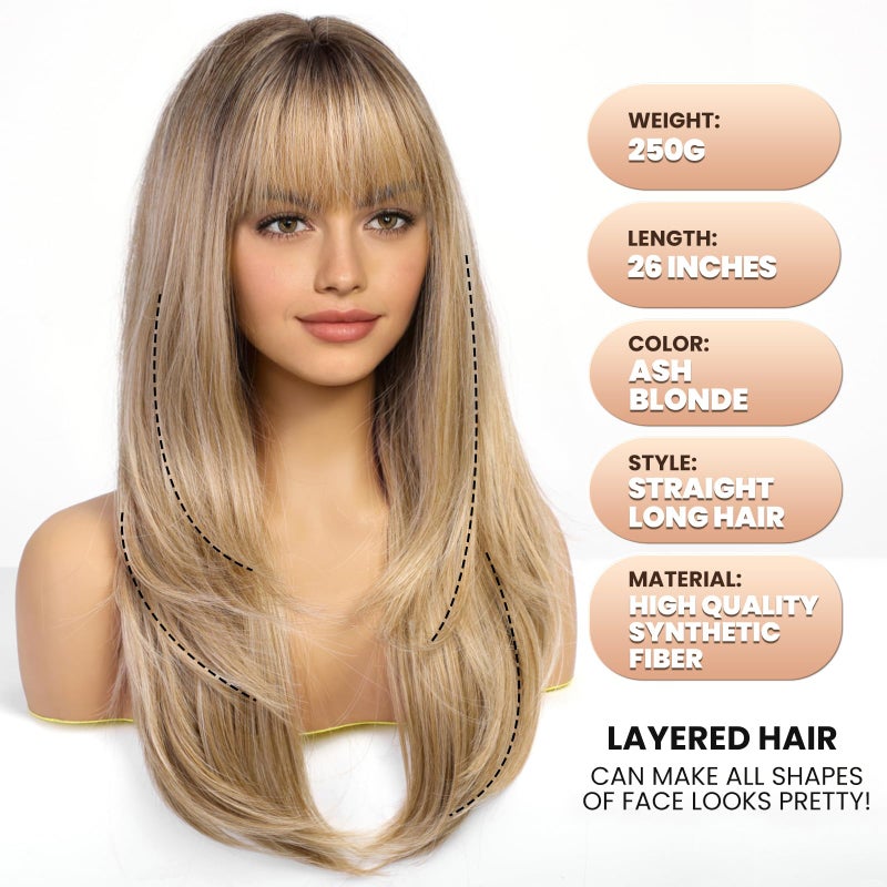 EMMOR Blonde Wig With Bangs For Women Long Straight Wigs Synthetic Layered Hairstyle For Girls Party Cosplay And Daily Use(26" Ash Blonde) - Image 4