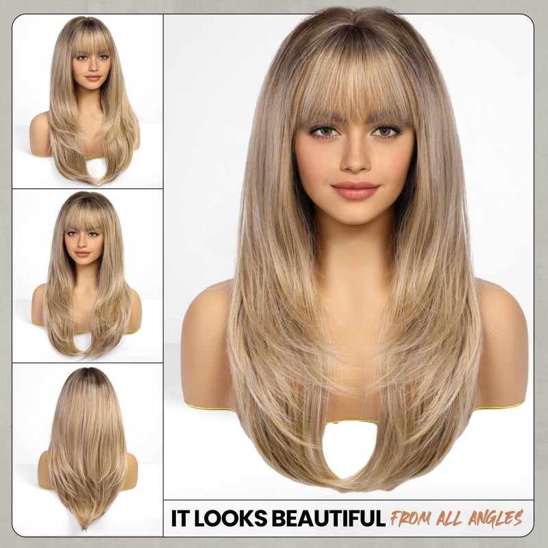 EMMOR Blonde Wig With Bangs For Women Long Straight Wigs Synthetic Layered Hairstyle For Girls Party Cosplay And Daily Use(26" Ash Blonde) - Image 2