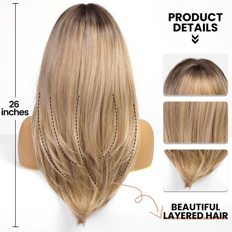 EMMOR Blonde Wig With Bangs For Women Long Straight Wigs Synthetic Layered Hairstyle For Girls Party Cosplay And Daily Use(26" Ash Blonde) - Image 3