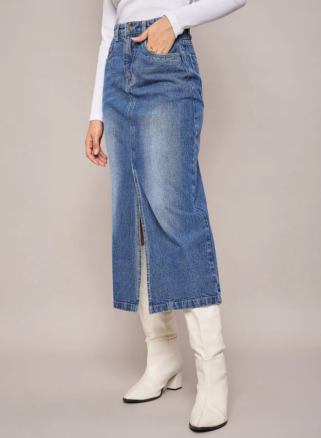 ساسافراس Faded Front Slit Denim A-Line Midi Skirt