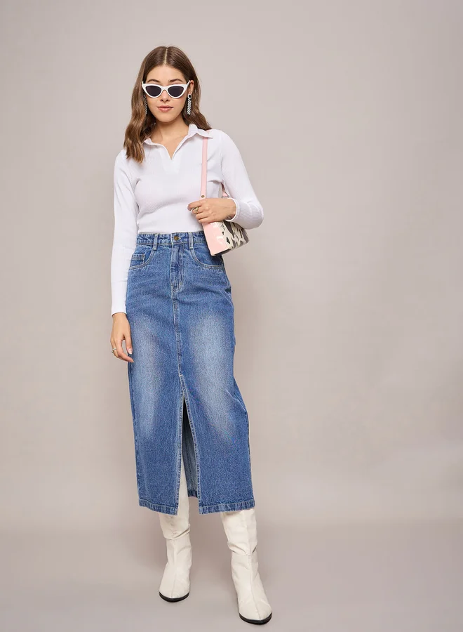 ساسافراس Faded Front Slit Denim A-Line Midi Skirt