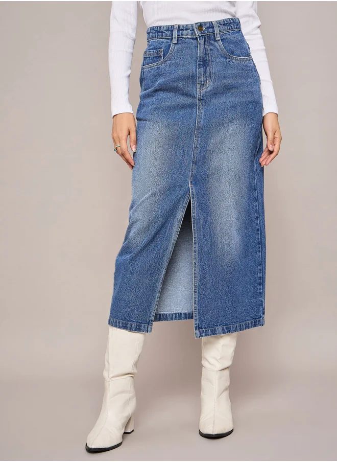 SASSAFRAS Faded Front Slit Denim A-Line Midi Skirt
