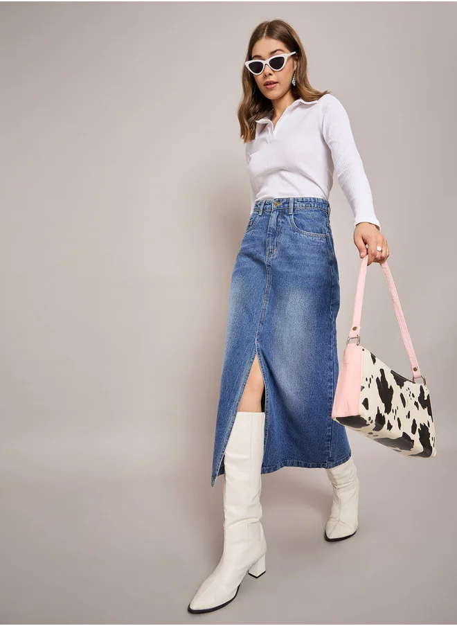 SASSAFRAS Faded Front Slit Denim A-Line Midi Skirt