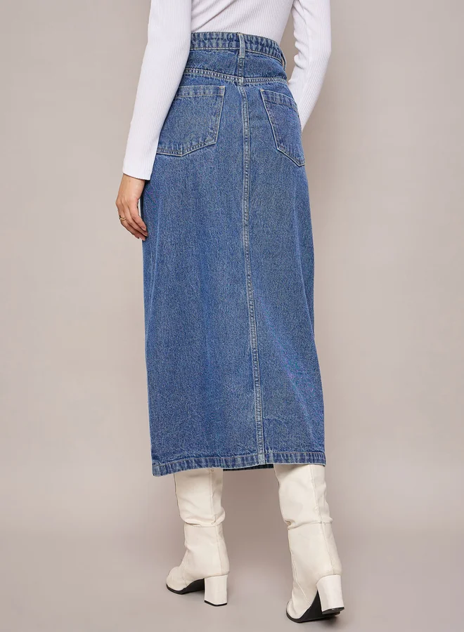 ساسافراس Faded Front Slit Denim A-Line Midi Skirt