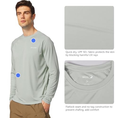 baleaf Men's Rash Guard Shirts Fishing Long Sleeve UV Sun Protection SPF T-Shirts UPF 50+ Lightweight Beach Gray Size M - Image 3