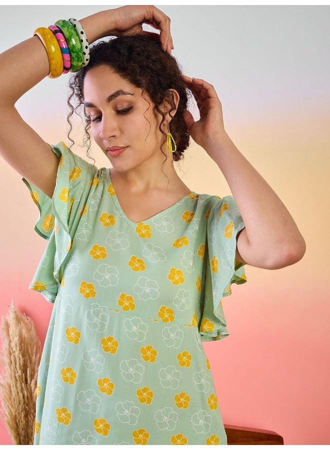 AKS Floral Printed Flutter Sleeves Cotton A-Line Dress  - Image 1