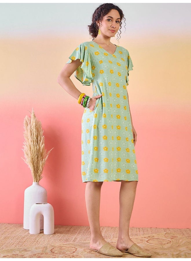 AKS Floral Printed Flutter Sleeves Cotton A-Line Dress  - Image 3