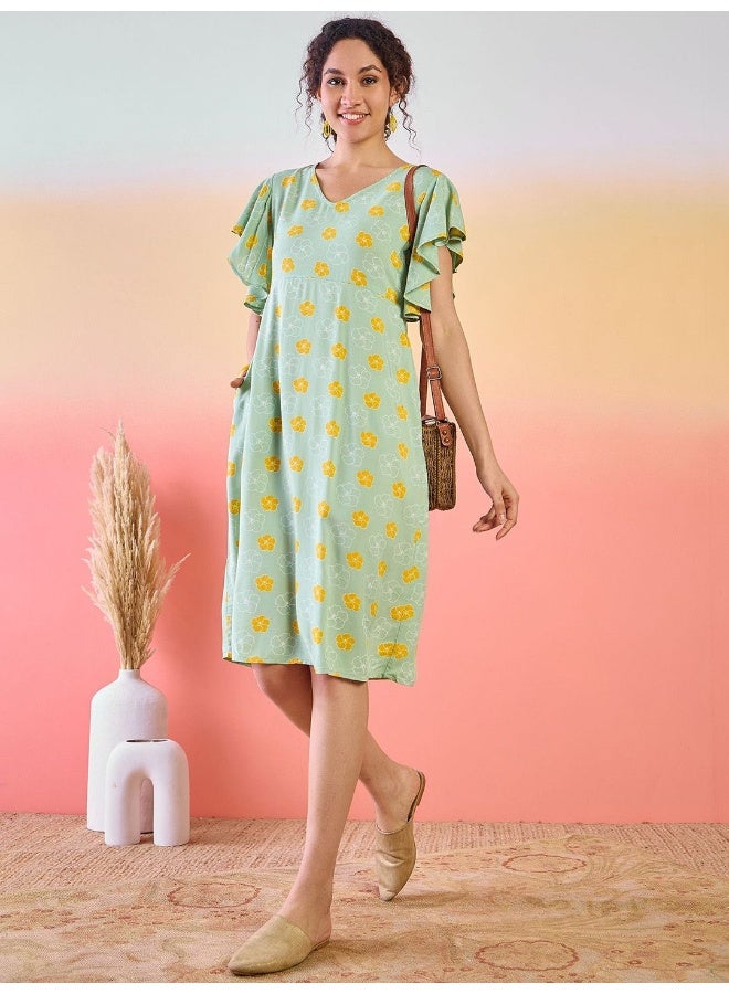 AKS Floral Printed Flutter Sleeves Cotton A-Line Dress  - Image 5