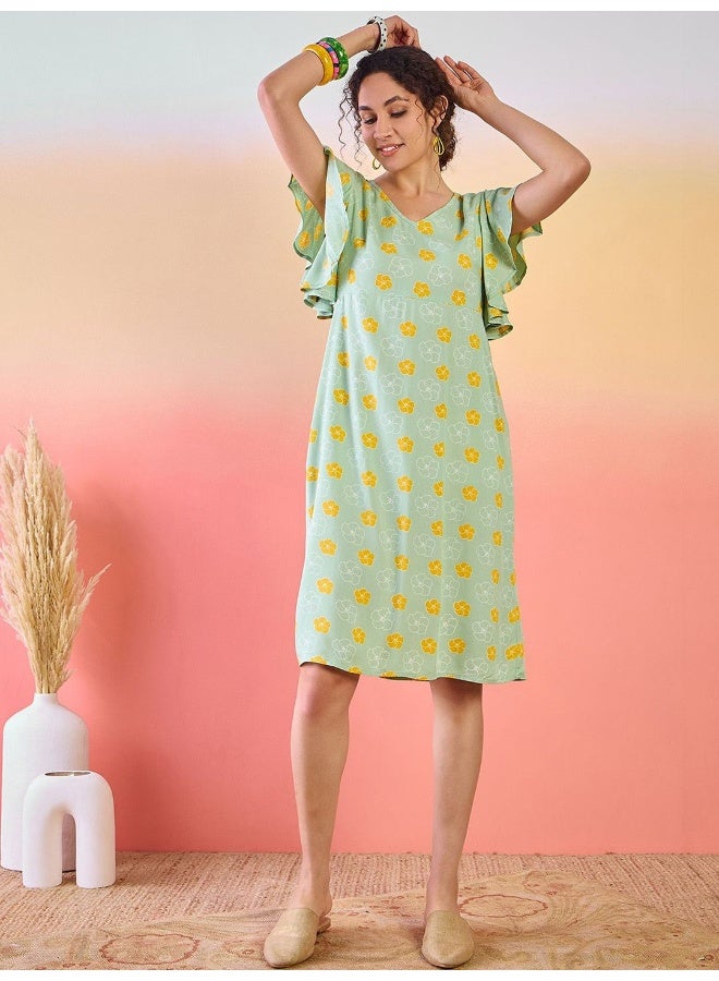 AKS Floral Printed Flutter Sleeves Cotton A-Line Dress  - Image 2