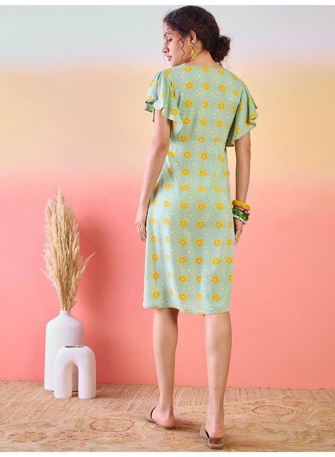 AKS Floral Printed Flutter Sleeves Cotton A-Line Dress  - Image 4