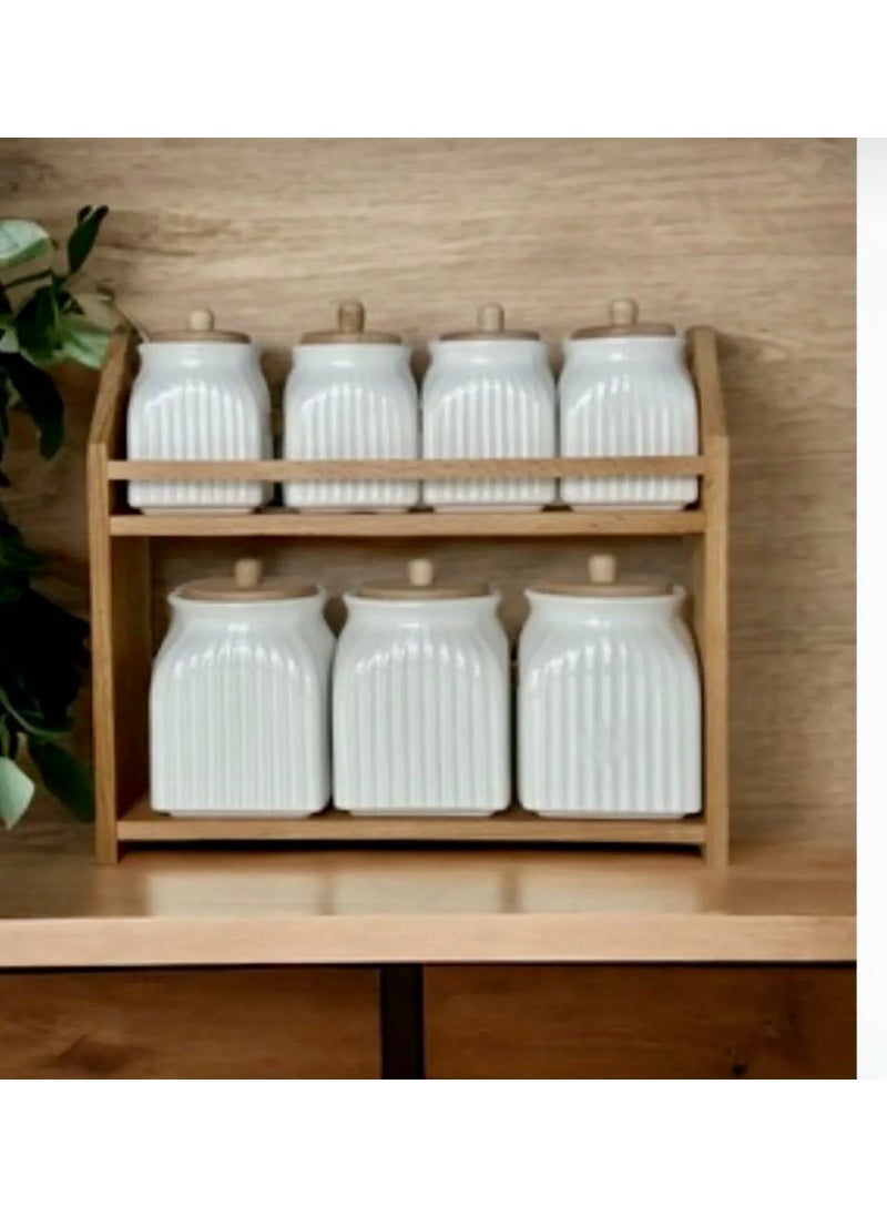 Kitchen Pembelia 7 Piece Porcelain Spice Storage Jar Set with Wooden Stand Spice Jar Set  - Image 1