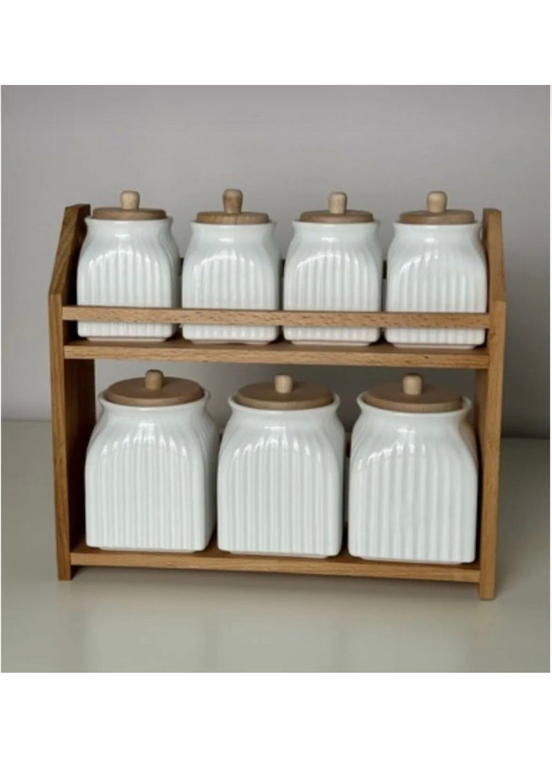 Kitchen Pembelia 7 Piece Porcelain Spice Storage Jar Set with Wooden Stand Spice Jar Set  - Image 2