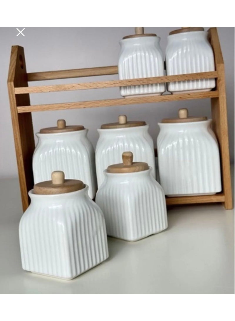 Kitchen Pembelia 7 Piece Porcelain Spice Storage Jar Set with Wooden Stand Spice Jar Set  - Image 4
