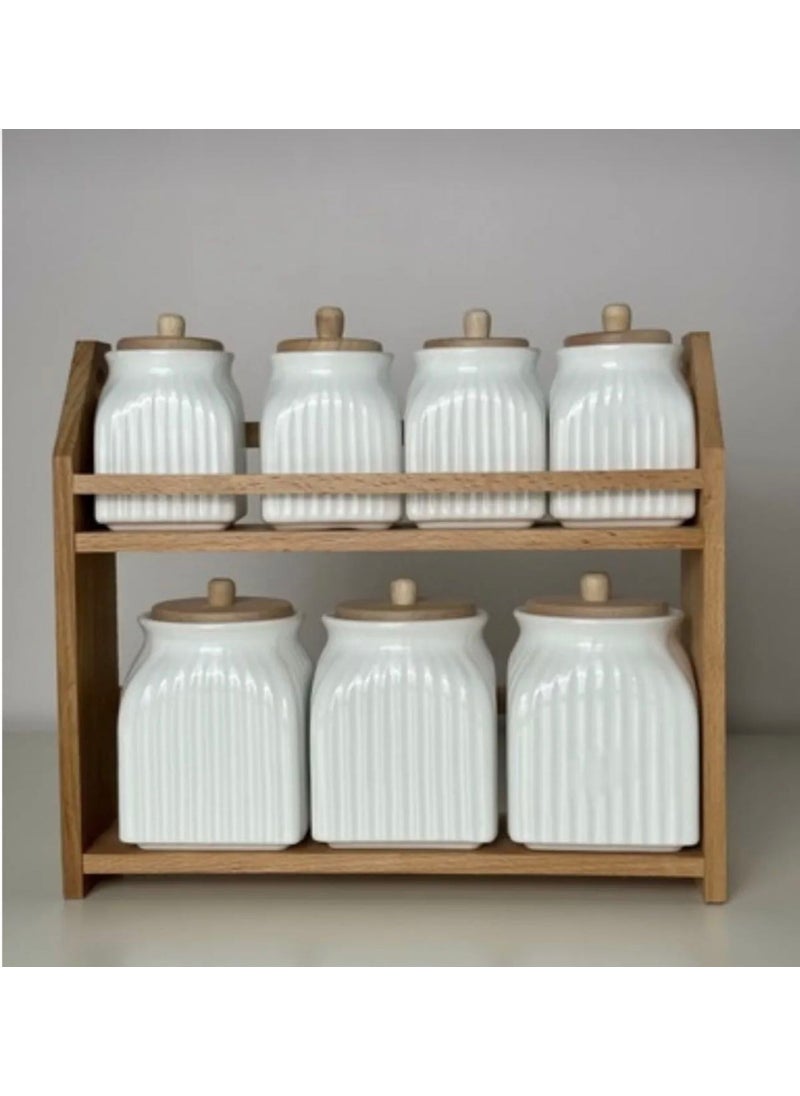 Kitchen Pembelia 7 Piece Porcelain Spice Storage Jar Set with Wooden Stand Spice Jar Set  - Image 3