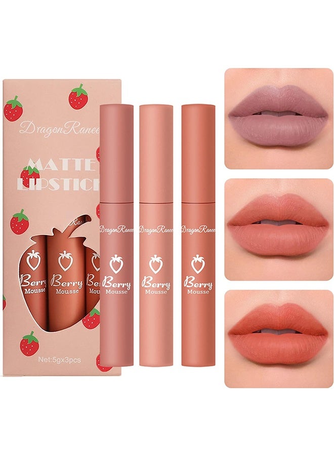 Dragon Ranee 3 Piece Nude Matte Lipstick Set - Velvet Smooth & Moisturizing Long Lasting Lip Crayon, Waterproof Lip Gloss for Women, Natural Nude Lip Stain Makeup - Image 1