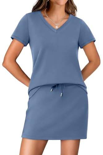 NIASHOT Summer Sets women 2 Piece Outfits 2026 Golf Tennis Dress with Shorts Skirts Spring Break Essentials V Neck Athleisure Workout Sets Clothes Vacation Cruise Outfits Grey Blue L - Image 2