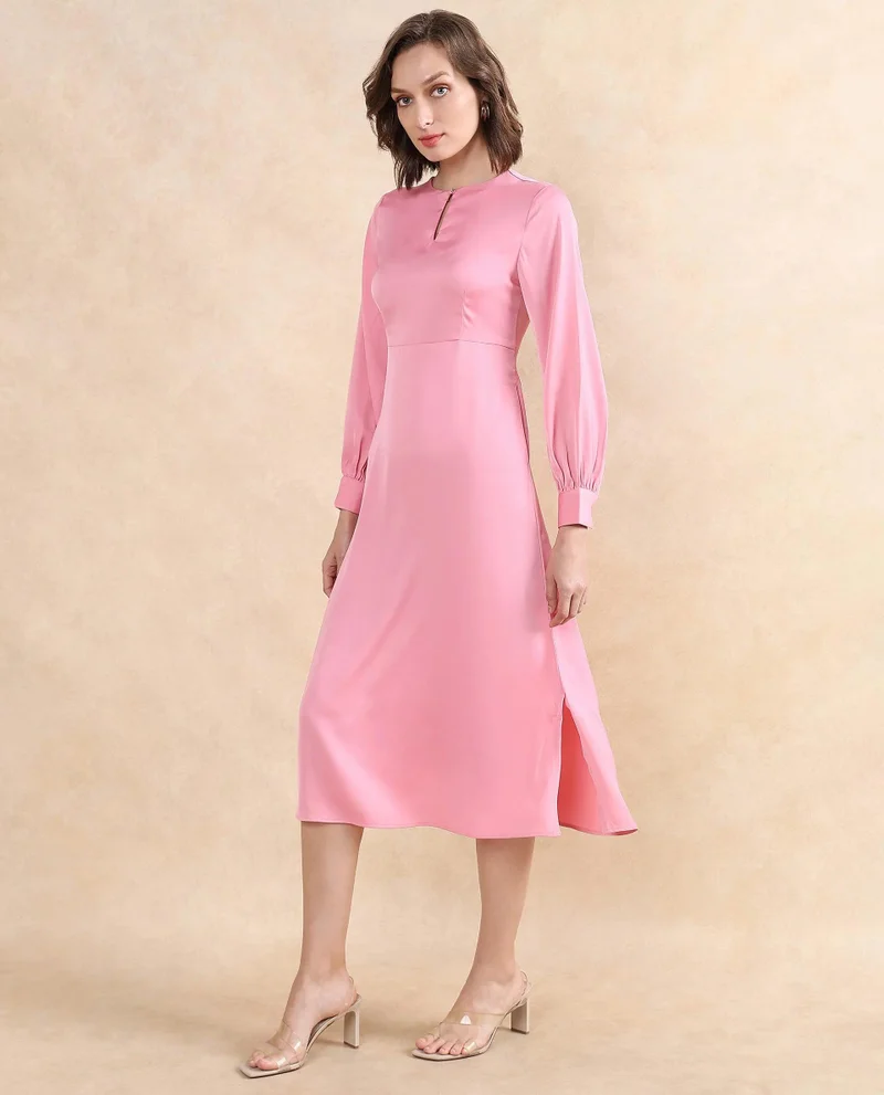 ريريزم Rareism Women's Erzinc Light Pink Satin Fabric Key Hole Neck Zipper Closure Bishop Sleeve Plain Fit And Flare Midi Dress