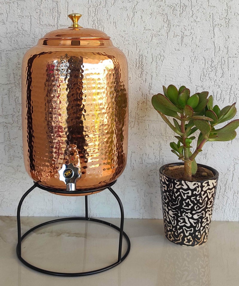 INDIAN ART VILLA Hammered Design Copper Water Pot with Stand, Storage & Kitchenware, Health Benefits, Volume-8 LTR, 8 litres - Image 1