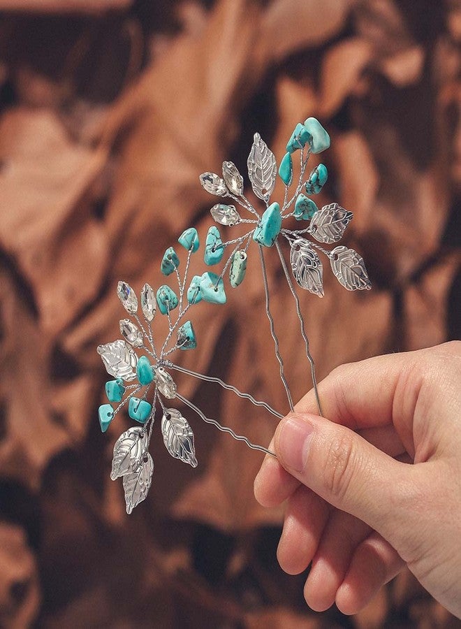 JEAIRTS Bridal Turquoise Hair Pins Silver Western Wedding Hair Accessories for Women - Image 1