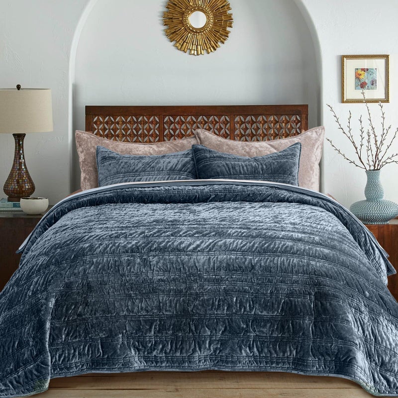 EVERGRACE Luxury Ruched Velvet Quilt King Size, Ultra Soft Bedspread Coverlet Set, Lightweight Velvet Comforter, Quilted Bedding Cover with 2 Matching Shams for All Season, Stormy Blue - Image 1