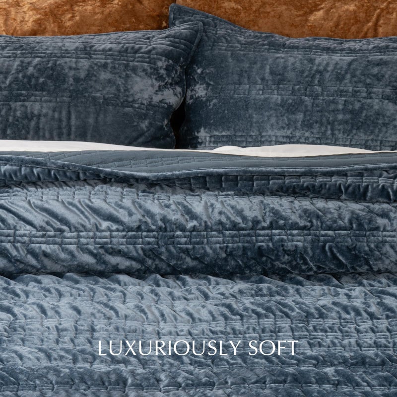 EVERGRACE Luxury Ruched Velvet Quilt King Size, Ultra Soft Bedspread Coverlet Set, Lightweight Velvet Comforter, Quilted Bedding Cover with 2 Matching Shams for All Season, Stormy Blue - Image 4