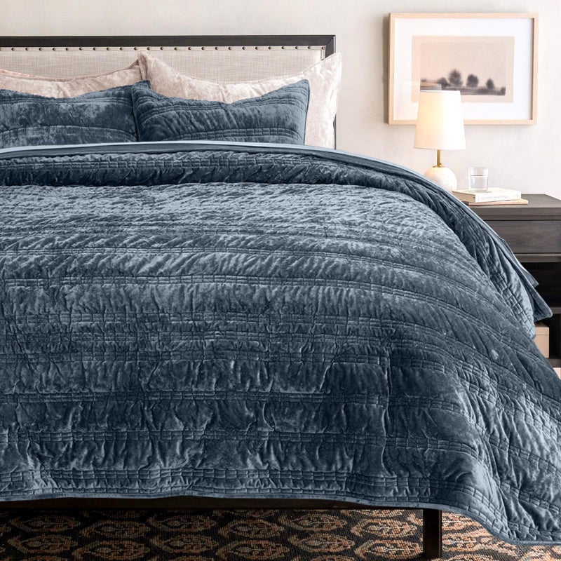 EVERGRACE Luxury Ruched Velvet Quilt King Size, Ultra Soft Bedspread Coverlet Set, Lightweight Velvet Comforter, Quilted Bedding Cover with 2 Matching Shams for All Season, Stormy Blue - Image 2