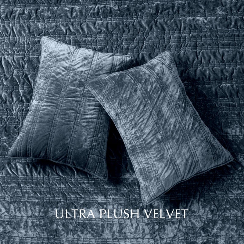 EVERGRACE Luxury Ruched Velvet Quilt King Size, Ultra Soft Bedspread Coverlet Set, Lightweight Velvet Comforter, Quilted Bedding Cover with 2 Matching Shams for All Season, Stormy Blue - Image 5