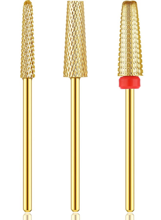 Outus 3 Pieces Nail Carbide 5 in 1 Tapered Barrel Carbide Nail Drill Bit Set, 3/32 Inches Cone Shape Bit for Acrylic or Gel Remover (Golden) - Image 1
