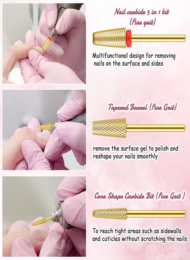 Outus 3 Pieces Nail Carbide 5 in 1 Tapered Barrel Carbide Nail Drill Bit Set, 3/32 Inches Cone Shape Bit for Acrylic or Gel Remover (Golden) - Image 4