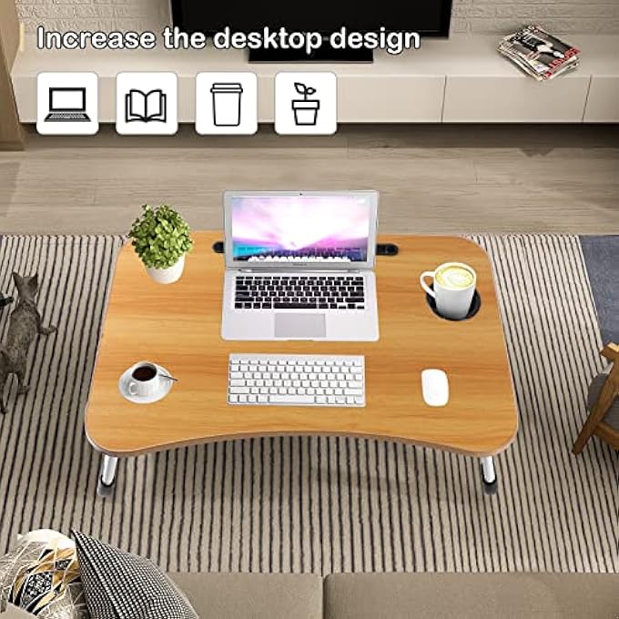 rayihni طاولة سرير قابلة للطي SKY-TOUCH، مكتب لابتوب مع حامل آيباد وكوب، صينية لاب توب قابلة للتعديل، طاولة قراءة قابلة للطي بأرجل غير قابلة للانزلاق للعمل، الدراسة، التخييم 60×40×28 سم بيج - Image 2
