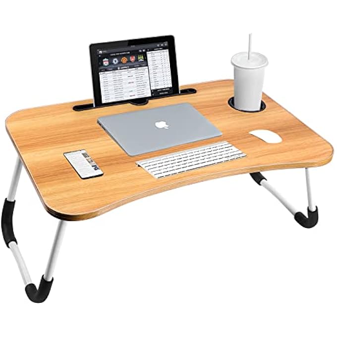 rayihni طاولة سرير قابلة للطي SKY-TOUCH، مكتب لابتوب مع حامل آيباد وكوب، صينية لاب توب قابلة للتعديل، طاولة قراءة قابلة للطي بأرجل غير قابلة للانزلاق للعمل، الدراسة، التخييم 60×40×28 سم بيج - Image 1