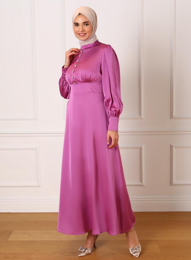 Refka by modanisa Pink Satin Embellished Buttons Maxi Dress - Image 5