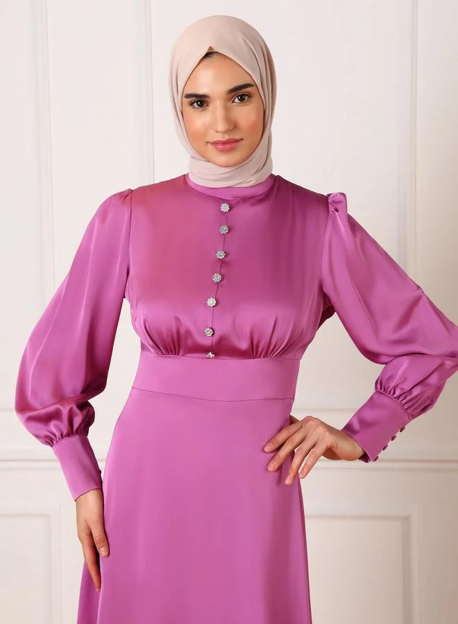 Refka by modanisa Refka by modanisa Pink Satin Embellished Buttons Maxi Dress