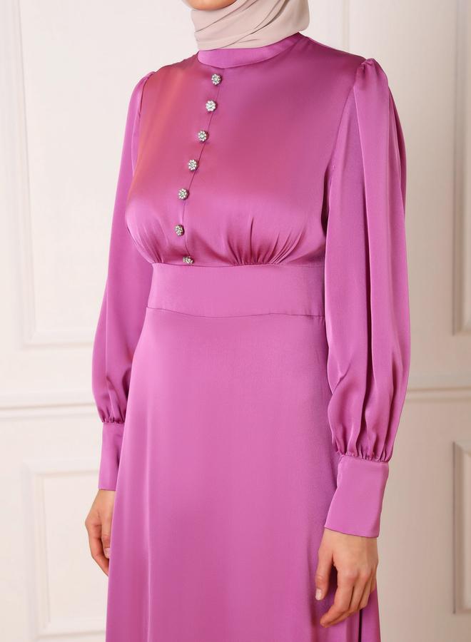 Refka by modanisa Pink Satin Embellished Buttons Maxi Dress - Image 3