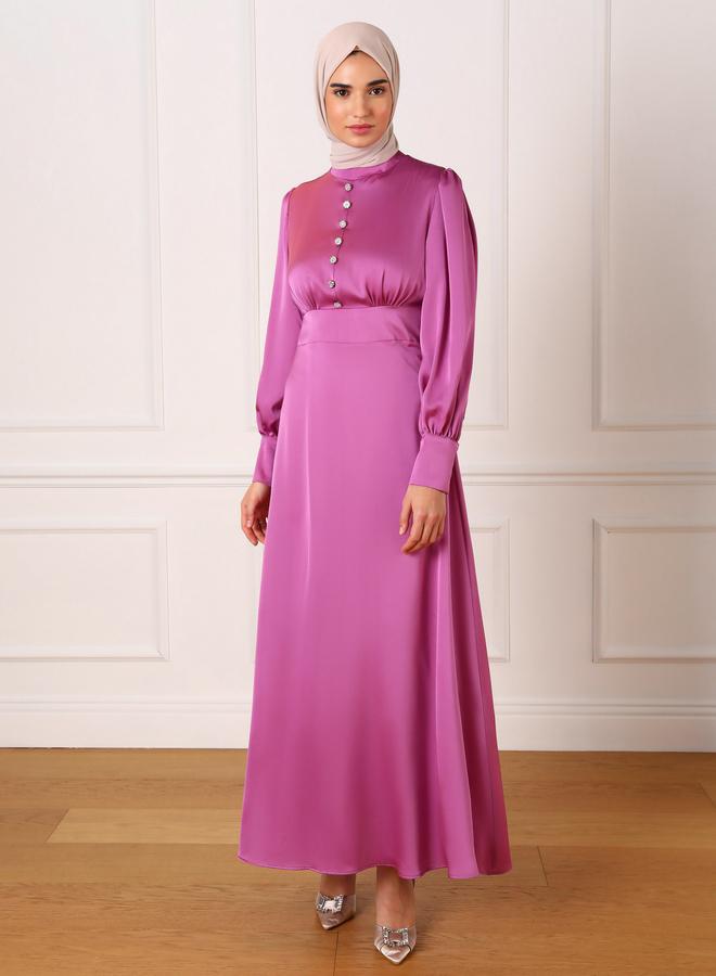 Refka by modanisa Pink Satin Embellished Buttons Maxi Dress - Image 1