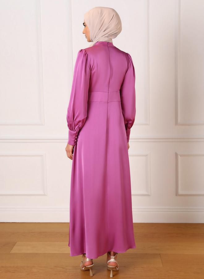 Refka by modanisa Pink Satin Embellished Buttons Maxi Dress - Image 4