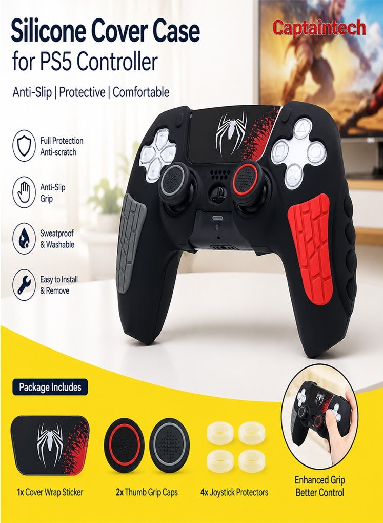 Captaintech Full Protection Black Spider Gamepad Silicone Sleeve for PS5 Controller, Anti-Slip Skin Cover with Analog Stick Grips u0026 Wrap Sticker - Image 1