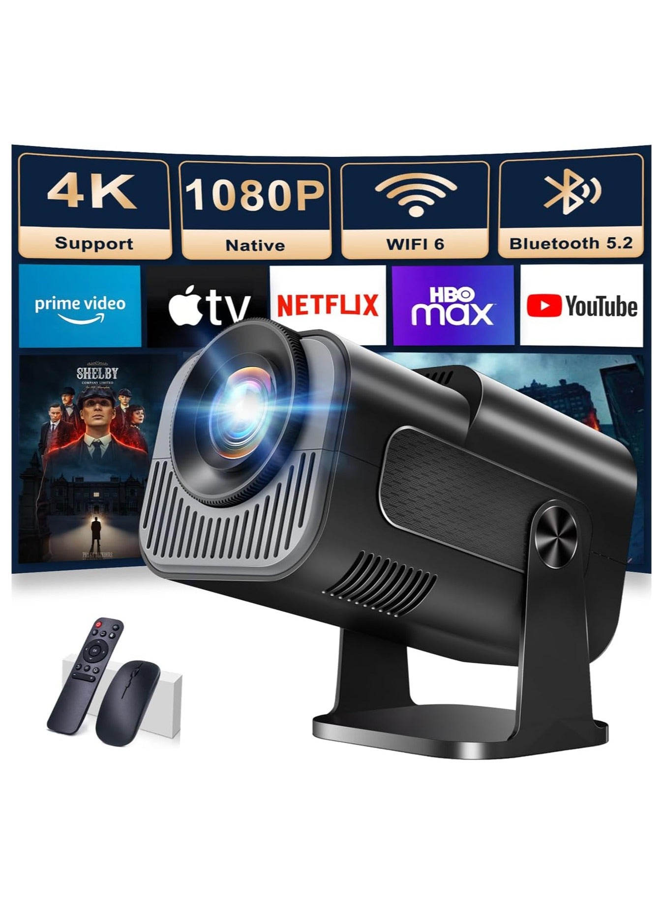 Mini Projector 1080P Full HD, 4K Projector with 180° Rotation, Portable Projector WiFi 6 & Bluetooth 5.2 Support,Featuring Auto Keystone Correction,HDMI/USB Connectivity Projector Black