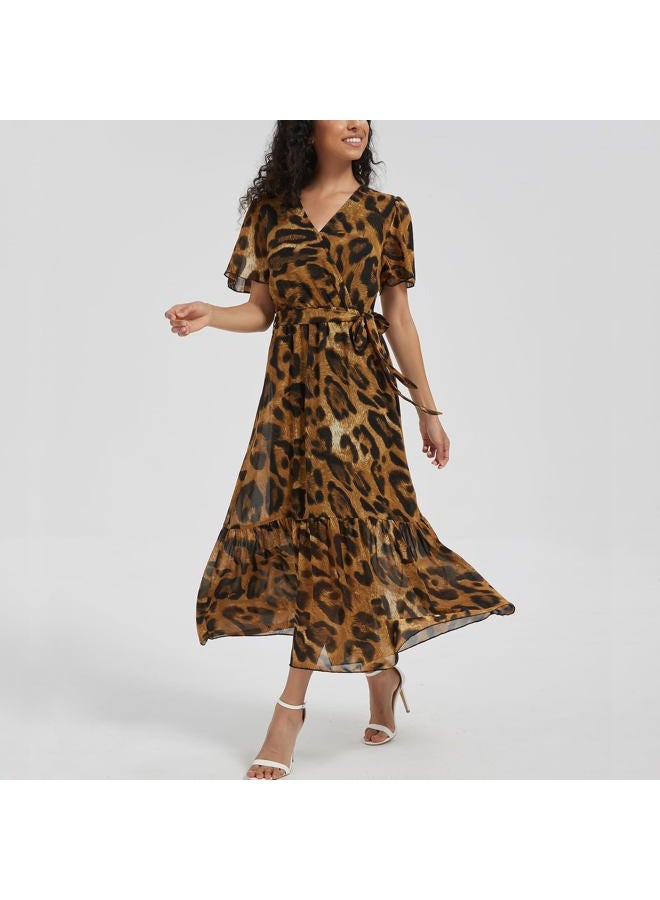 Max Hsuan Women's Summer Bohemian Floral Chiffon Dress Cap Sleeve V Neck Ruffle Long Flowy Boho Casual Vacation Dresses, Leopard Print, XL - Image 4