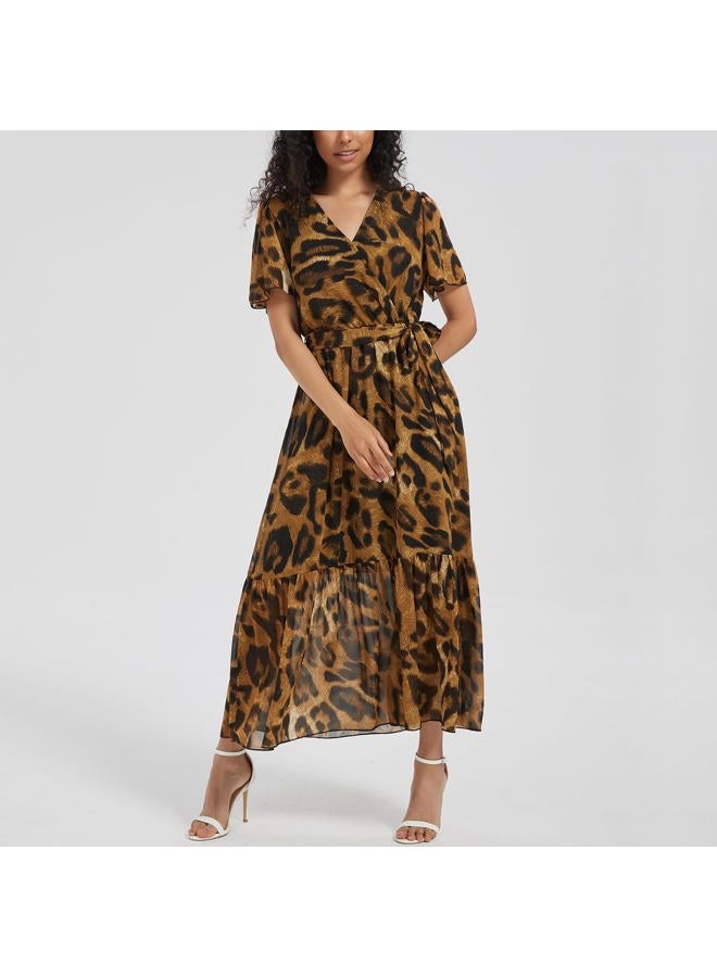 Max Hsuan Women's Summer Bohemian Floral Chiffon Dress Cap Sleeve V Neck Ruffle Long Flowy Boho Casual Vacation Dresses, Leopard Print, XL - Image 2