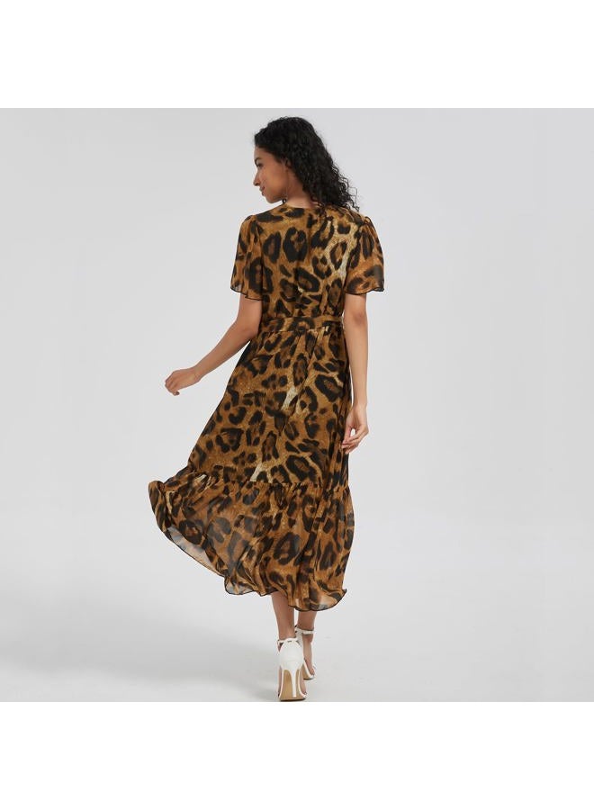 Max Hsuan Women's Summer Bohemian Floral Chiffon Dress Cap Sleeve V Neck Ruffle Long Flowy Boho Casual Vacation Dresses, Leopard Print, XL - Image 5