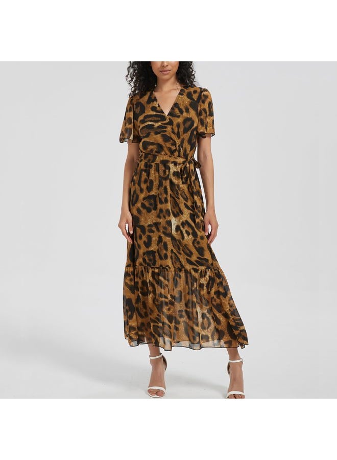 Max Hsuan Women's Summer Bohemian Floral Chiffon Dress Cap Sleeve V Neck Ruffle Long Flowy Boho Casual Vacation Dresses, Leopard Print, XL - Image 3