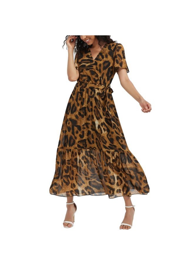 Max Hsuan Women's Summer Bohemian Floral Chiffon Dress Cap Sleeve V Neck Ruffle Long Flowy Boho Casual Vacation Dresses, Leopard Print, XL - Image 1