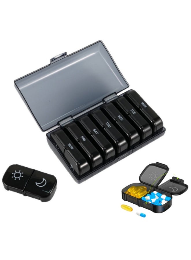 سيستار منظم حبوب كبير جدًا، 2 يوم، تخزين مريح للحبوب لمدة 7 أيام، أسود، صندوق حبوب صباحًا ومساءً للفيتامينات والأدوية والمكملات الغذائية وزيت السمك (أسود) - Image 2