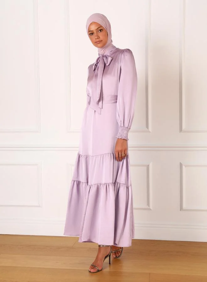 Refka by modanisa Refka by modanisa Lilac Satin Tie-Up Neck Tiered Maxi Dress